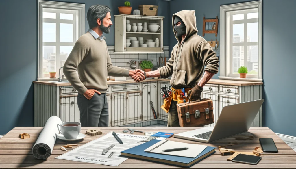 image showing a person meeting with a shady-looking contractor. The contractor has a suspicious appearance, with a disheveled