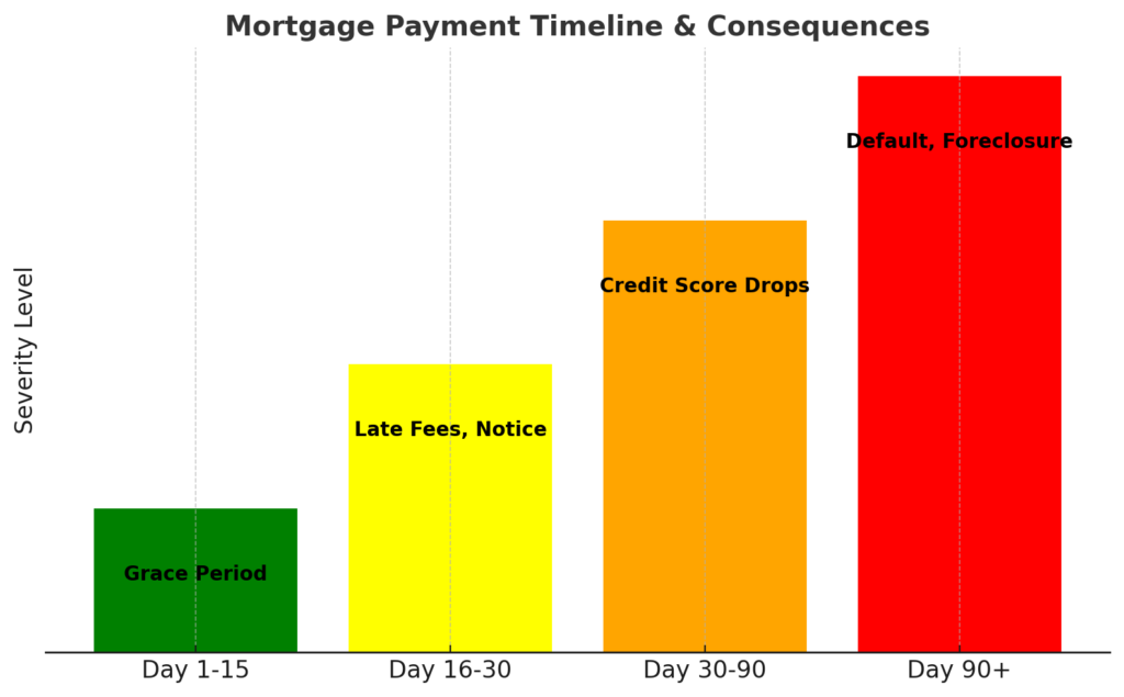 Day 1-15: Grace period Day 16-30: Late fees, notice Day 30-90: Credit score drops Day 90+: Default, foreclosure